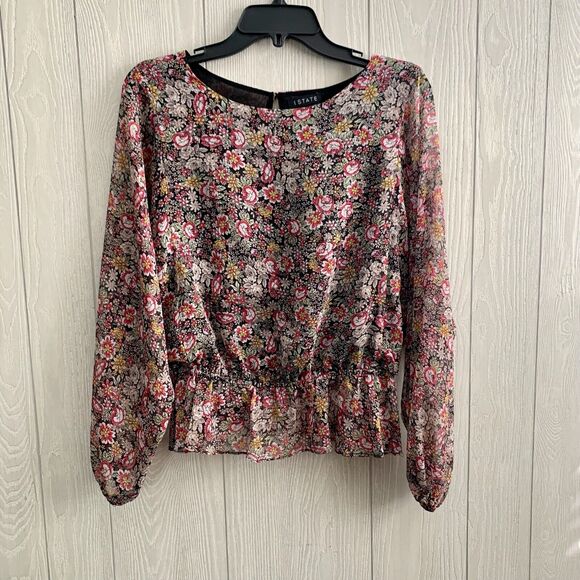 1.State Multicolor Floral Print Long Sleeve Sheer Top Size Small - Picture 1 of 5